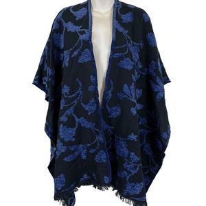 Chicos Womens Floral Chenille Jacquard Ruana Wrap Poncho Kimono Blue One Size